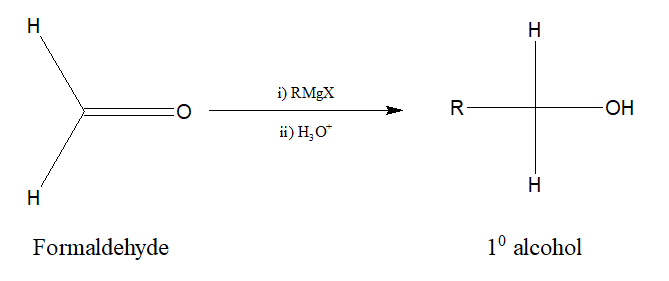 Formation of primary alcohol from formaldehyde using grignard reagent